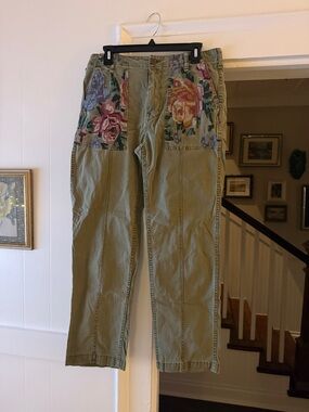 Anthropologie Olive Green Chinos with Tapestry Floral Pockets